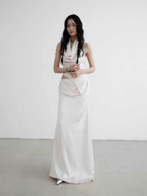 Asymmetrical Satin Draped Top And Maxi Skirt Set - My Store