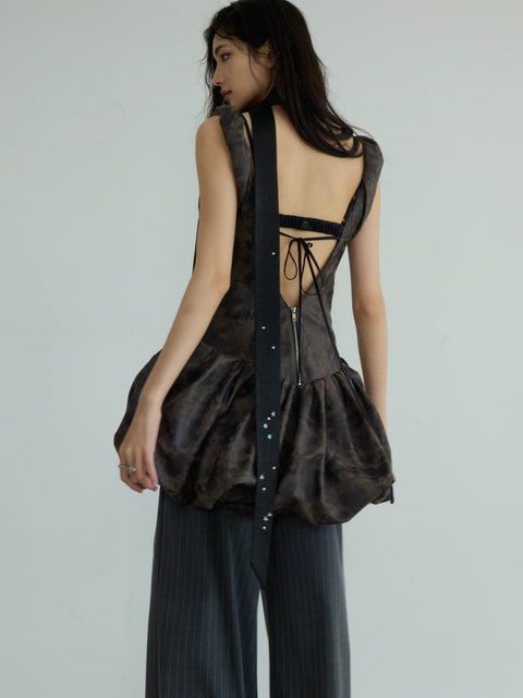 Faux Leather Twisted Balloon Top With Open Back - My Store