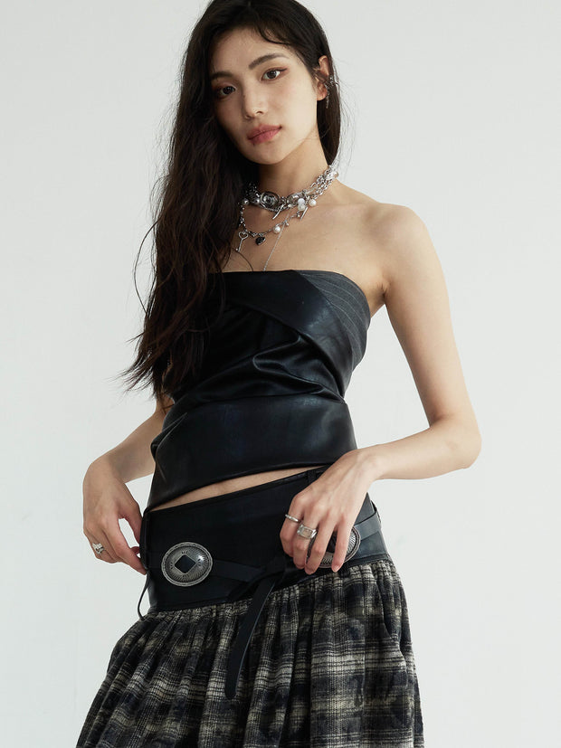 Plaid Long Skirt With Faux Leather Belted Waist - My Store