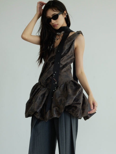 Faux Leather Twisted Balloon Top With Open Back - My Store