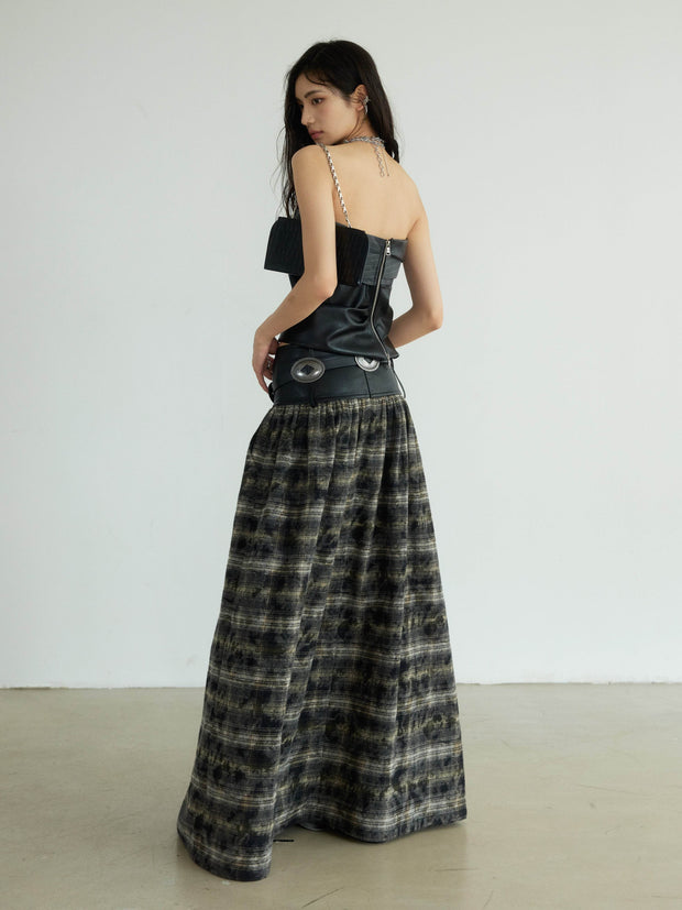 Plaid Long Skirt With Faux Leather Belted Waist - My Store