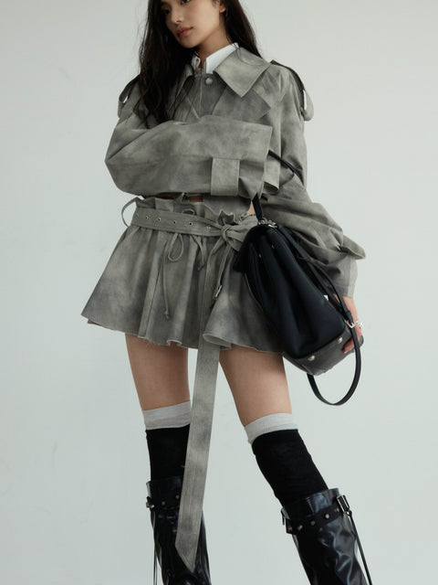 Cropped Dyed Jacket And Belted Mini Skirt Set - My Store