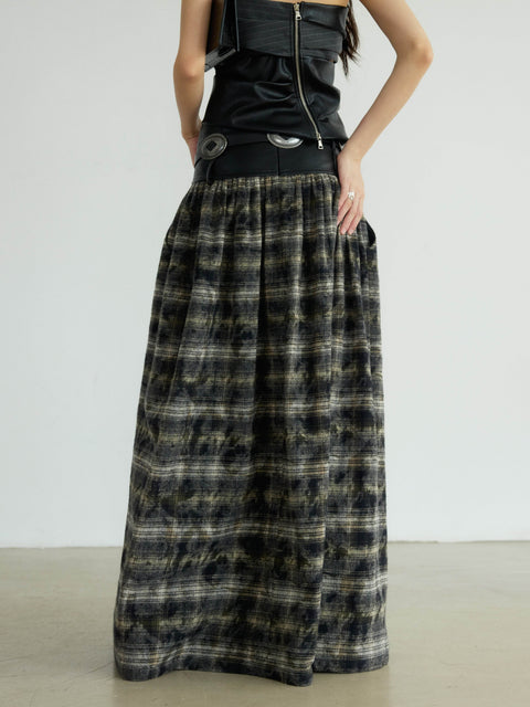 Plaid Long Skirt With Faux Leather Belted Waist - My Store