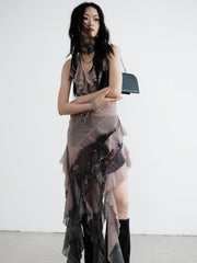 Asymmetric Smudge Print Sheer Chiffon Dress - My Store