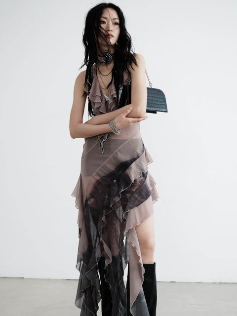 Asymmetric Smudge Print Sheer Chiffon Dress - My Store