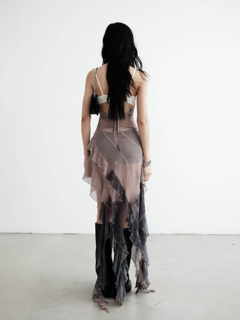 Asymmetric Smudge Print Sheer Chiffon Dress - My Store