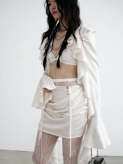 Glossy Ruffle Top And Draped Lace-Up Skirt Set - My Store