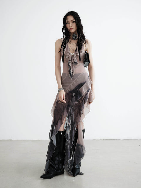 Asymmetric Smudge Print Sheer Chiffon Dress - My Store