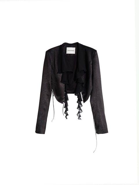 Textured Satin Ruffled Front Cropped Jacket - My Store