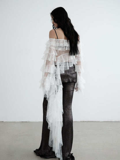 Asymmetric Hem Ruffled Sheer Lace Blouse - My Store