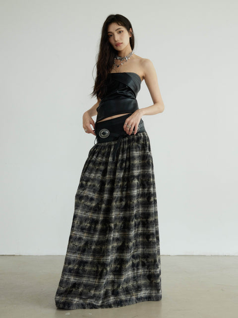 Plaid Long Skirt With Faux Leather Belted Waist - My Store