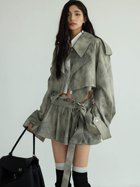 Cropped Dyed Jacket And Belted Mini Skirt Set - My Store