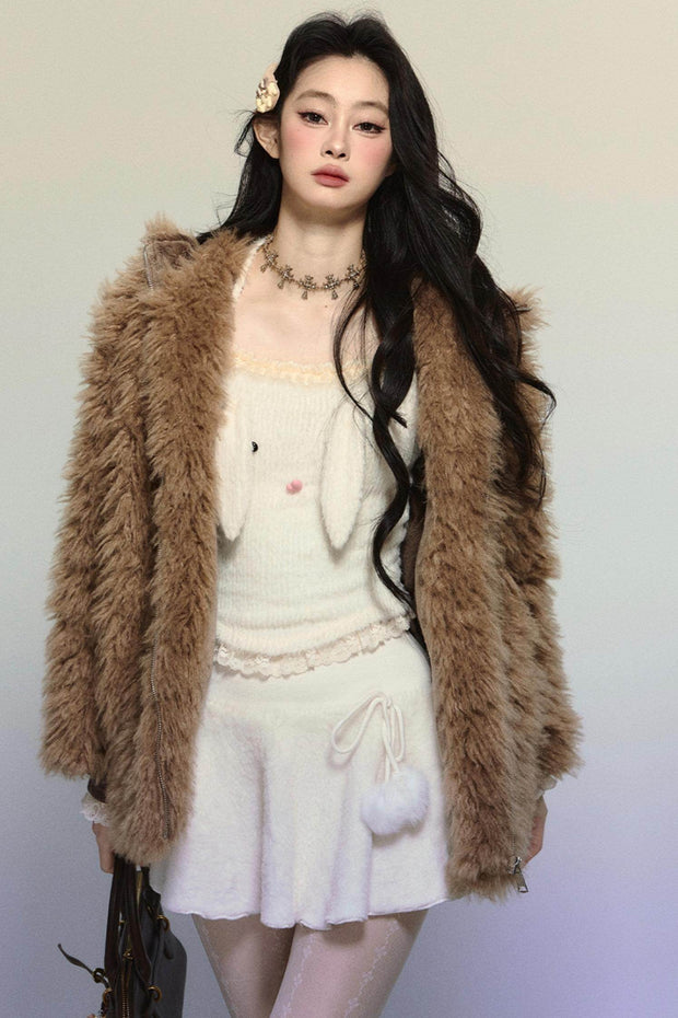 Rabbit Fur Hooded Plush Coat - My Store