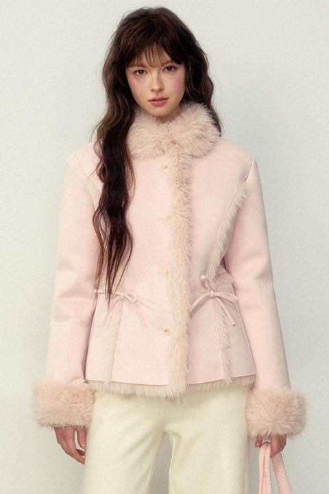 Khaki Pink Fur Integrated Jacket - My Store