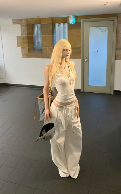 Deconstructed Double-Waistband White Cargo Trousers