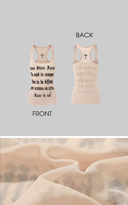 Lettering Mesh Tank Top & Bandeau Innerwear Set