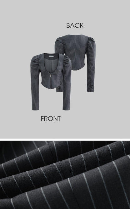 Striped Panel Blazer & High-Waisted Skirt Set