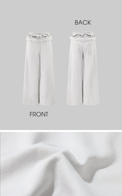 Double Waistband Lace-Trimmed Wide-Leg Pants
