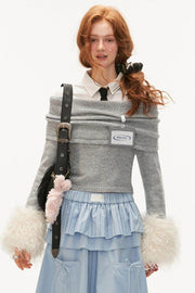 College Style Fur Sleeve Sweater - My Store