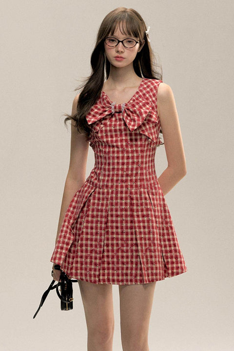 Red Check Floral Bow Vest Dress - My Store