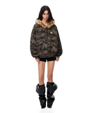 Camouflage Pattern Fur Collar Zip Jacket