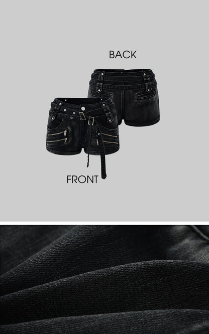 Multi-Belt Deconstructed Utility Denim Shorts