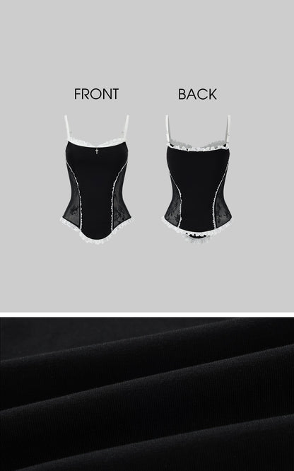 Lace-Trimmed Vest and Skirt Set with Cross Detail