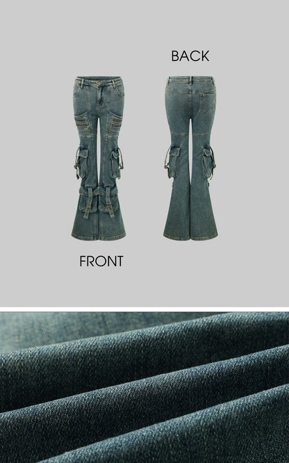 Multi-Pocket Distressed Flared Jeans