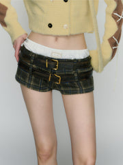 Plaid Double Belt Low Rise Shorts