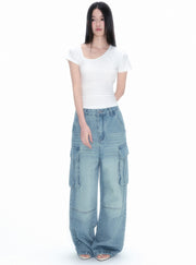 Multi-Pocket Wide Cargo Denim Pants