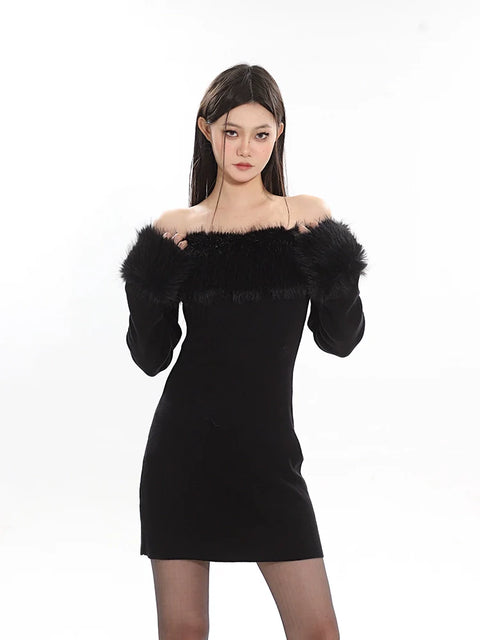 Faux Fur Trim Mini Dress