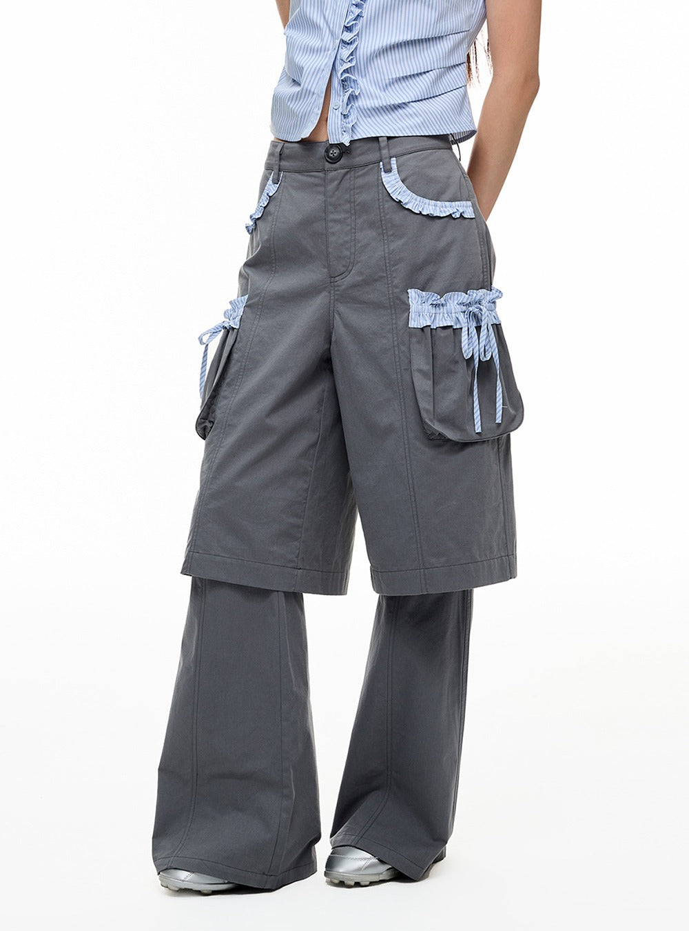 Stripe Pleated Two Layer Shorts & Pants Set