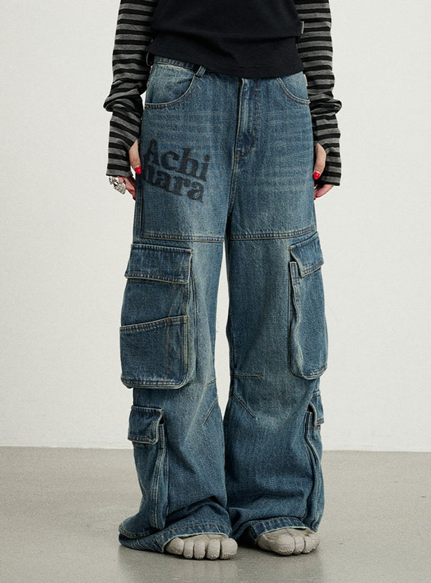 Logo Wide Denim Cargo Jeans