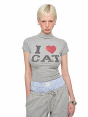 1Jinn Studio "I ♥ CAT" Rhinestone Fitted T-shirt