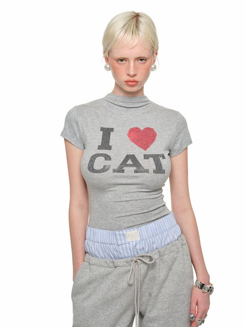 1Jinn Studio "I ♥ CAT" ラインストーンフィットTシャツ