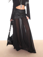 Zipper Knitted Leather Top/Mesh Leather Long Skirt