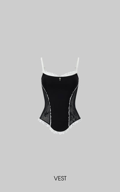 Lace-Trimmed Vest and Skirt Set with Cross Detail