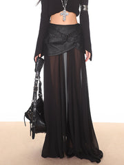 Zipper Knitted Leather Top/Mesh Leather Long Skirt