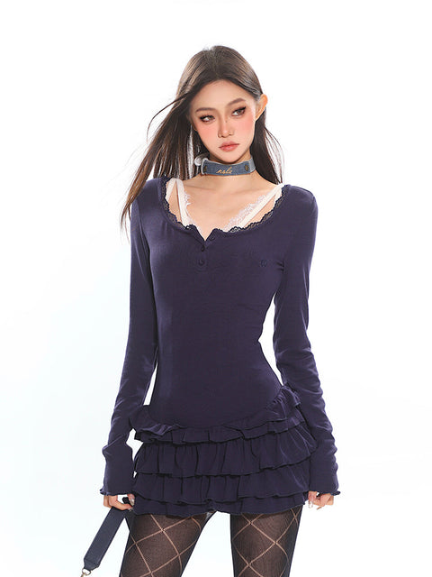 Tiered Ruffle Long Sleeve Mini Dress with Lace Trim