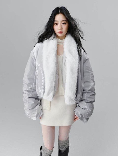 Pearl Design Fur Collar Cotton Jacket - My Store