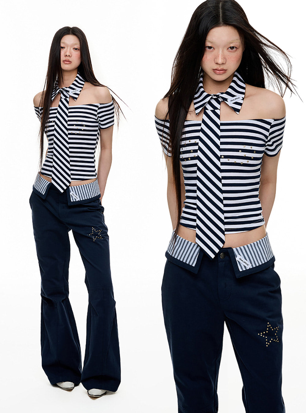 Ribbon Tie Stripe One-Shoulder Top Set