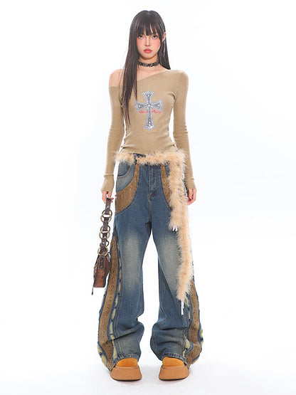 Deconstructed Leather Washed Jeans