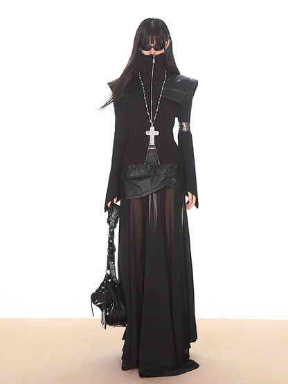 Zipper Knitted Leather Top/Mesh Leather Long Skirt