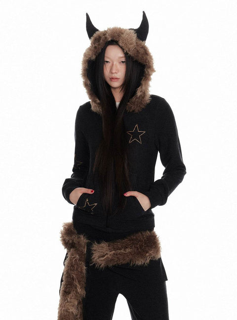 Velvet Star Fur Hooded Zip Up & Wide Casual Pants - My Store