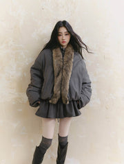 Pearl Design Fur Collar Cotton Jacket - My Store