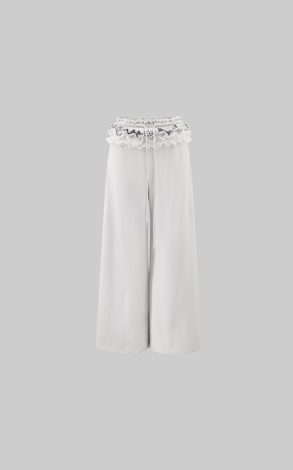 Double Waistband Lace-Trimmed Wide-Leg Pants