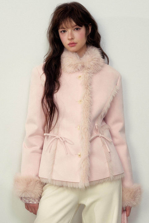 Khaki Pink Fur Integrated Jacket - My Store