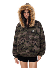 Camouflage Pattern Fur Collar Zip Jacket