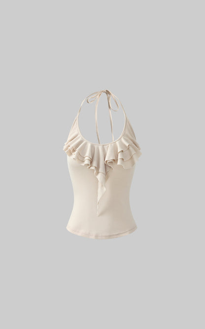 Ruffled Halter Sleeveless Knit Top in Soft Cream