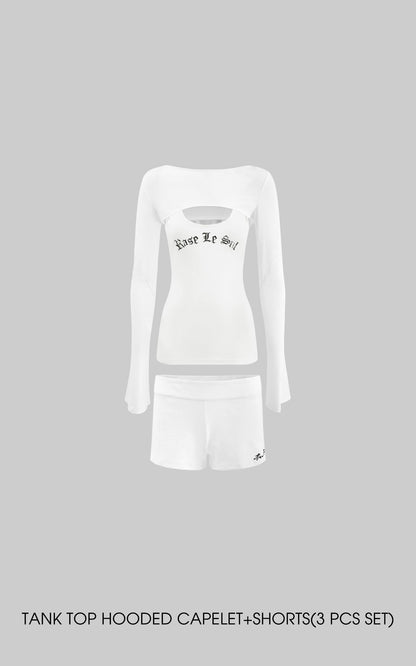 Tank Top + Hooded Capelet + Shorts Three-Piece Set